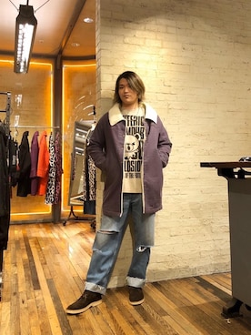 「HYSTERIC GLAMOUR（ヒステリックグラマー）のアイテム（ステンカラーコート）」を使った、吉川修平さん（メンズ・175cm）の冬コーディネート