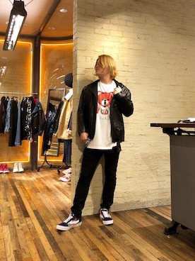 「パンクコーデ」｜「アイテム（ライダースジャケット）」を使った、吉川修平さん（メンズ・175cm）の冬コーディネート