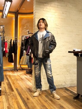 「70'sコーデ」｜「アイテム（ライダースジャケット）」を使った、吉川修平さん（メンズ・175cm）の冬コーディネート