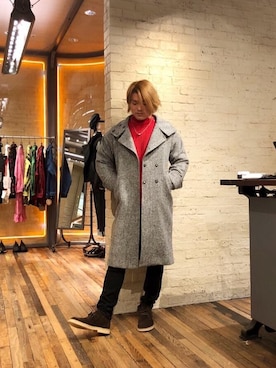 「HYSTERIC GLAMOUR（ヒステリックグラマー）のアイテム（ピーコート）」を使った、吉川修平さん（メンズ・175cm）の冬コーディネート