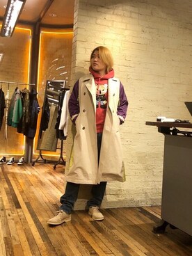 「HYSTERIC GLAMOUR（ヒステリックグラマー）のアイテム（トレンチコート）」を使った、吉川修平さん（メンズ・175cm）の冬コーディネート