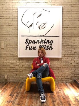 「アイテム（ミリタリージャケット、レッド系）」を使った、吉川修平さん（メンズ・175cm）の春コーディネート