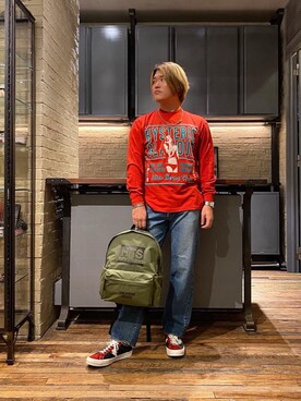 「HYSTERIC GLAMOUR（ヒステリックグラマー）のアイテム（バックパック/リュック）」を使った、吉川修平さん（メンズ・175cm）の冬コーディネート