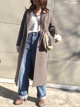 「UNIQLO（ユニクロ）のハイライズワイドストレートジーンズ（デニムパンツ）」を使った、chiiさん（レディース・164cm）の冬コーディネート