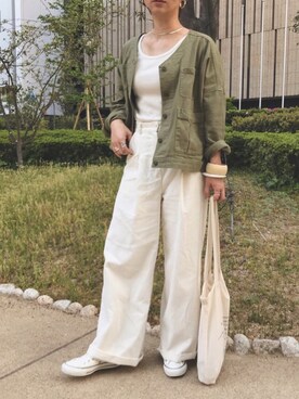 「MEDE19F（メデジュウキュウ）のアイテム（Tシャツ/カットソー）」を使った、chiiさん（レディース・164cm）の春コーディネート