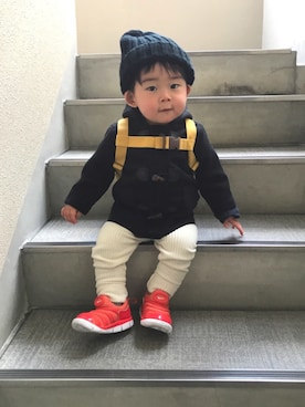 「アイテム（ダッフルコート、ブラック系）」を使った、とーま★さん（キッズ・70cm）の冬コーディネート