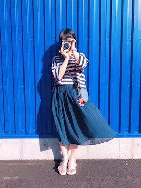「MERLOT（メルロー）のボーダー襟付きビッグシルエットトップス1177（Tシャツ/カットソー、ピンク系）」を使った、マキさん（レディース・163cm）の夏コーディネート