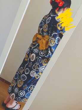 「MERLOT（メルロー）のお！野菜柄 浴衣3点セット081-4001（浴衣、ブルー系）」を使った、マキさん（レディース・163cm）の夏コーディネート