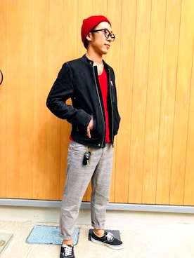 「伊勢神宮」｜「アイテム（ライダースジャケット）」を使った、大輝河田さん（メンズ・170cm）の秋コーディネート