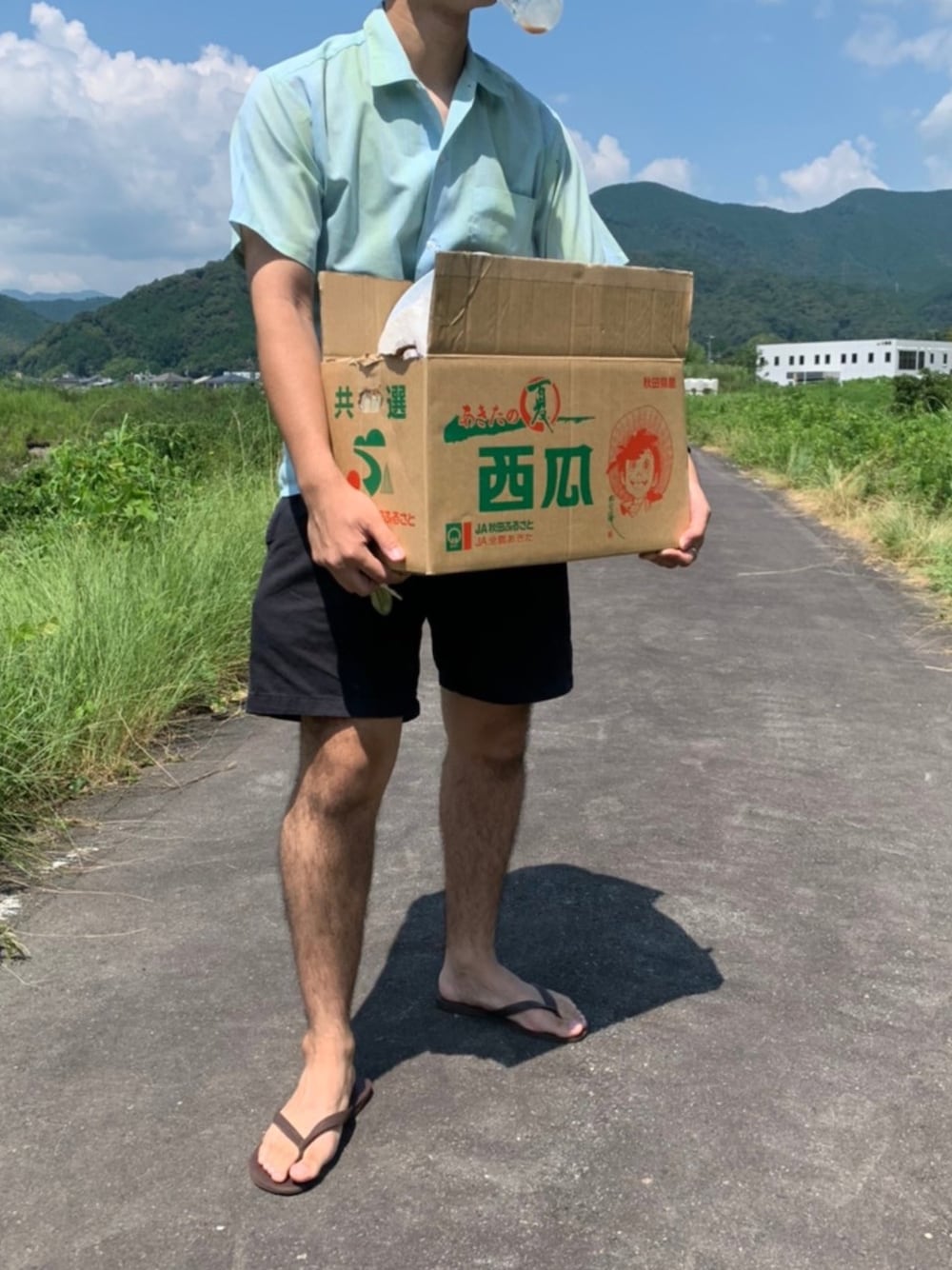 「西瓜、60’s、60年代、SEARS、ビンテージ、グラミチ、半袖短パン、BBQ、BBQスタイル、夏コーデ」｜「Gramicciの【GRAMICCI/グラミチ】NN-SHORTS/ニューナローショーツ（その他パンツ、ブラック系）」を使った、TONGARIさん（メンズ・177cm）の夏コーディネートの1枚目の写真
