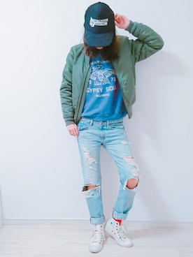 「青×白」｜「アイテム（MA-1）」を使った、jamicoさん（レディース・165cm）の冬コーディネート