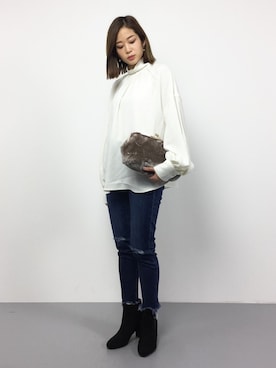 「MERCURYDUO（マーキュリーデュオ）のアイテム（デニムパンツ）」を使った、mihiroさん（レディース・156cm）の冬コーディネート