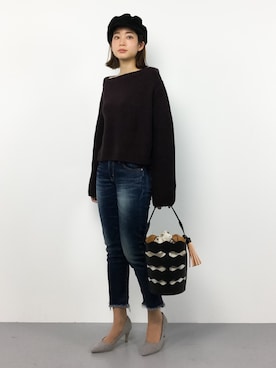 「Ungrid（アングリッド）のインディゴフレイドヘムストスリ（デニムパンツ）」を使った、mihiroさん（レディース・156cm）の冬コーディネート