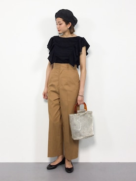 「袖フリル」｜「アイテム（ハンチング/ベレー帽）」を使った、mihiroさん（レディース・156cm）の夏コーディネート