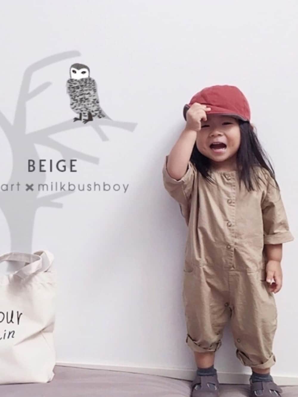 「kids、キッズコーデ、キッズファッション、カジュアルコーデ、女の子、サロペット、キャップ、韓国子供服、2歳、モデル」｜「ahmart_のアイテム（サロペット/オーバーオール、ベージュ系）」を使った、emma*◡̈**さん（キッズ・80cm）の秋コーディネートの1枚目の写真