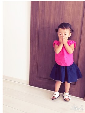 「petit main（プティマイン）のベーシックカラーブラウス（Shirts、ピンク系）」を使った、mi-chan31さん（キッズ・80cm）の夏コーディネート