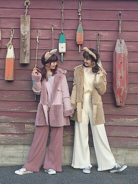 「リラックスパンツ」｜「アイテム（ムートンコート）」を使った、kyonさん（レディース・165cm）の秋コーディネート