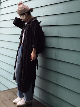 「黒リュック」｜「アイテム（シャツワンピース）」を使った、まいこさん（レディース・160cm）の夏コーディネート