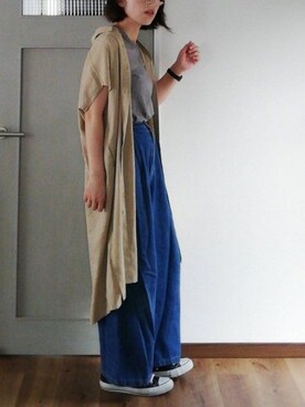 「UNIQLO（ユニクロ）のリネンブレンドロングシャツ（半袖）（シャツ/ブラウス）」を使った、まいこさん（レディース・160cm）の春コーディネート