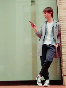 「Buffalo Bobs（バッファローボブズ）のアイテム（チェスターコート）」を使った、TetsuyaAshitaniさん（メンズ・175cm）の春コーディネート