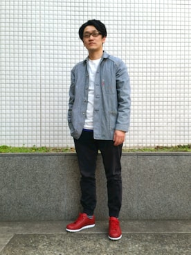 「ボーダーソックス」｜「アイテム（カバーオール）」を使った、KOUYAさん（メンズ・170cm）の春コーディネート