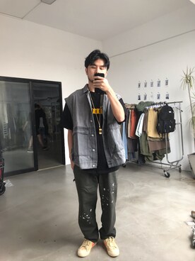 「アイテム（カーゴパンツ、イエロー系）」を使った、馬家梁梁梁さん（メンズ・173cm）の春コーディネート