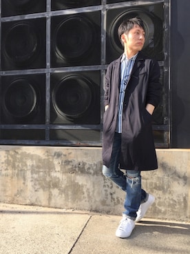 「リネンシャツ」｜「アイテム（ステンカラーコート）」を使った、RYUさん（メンズ・172cm）の春コーディネート