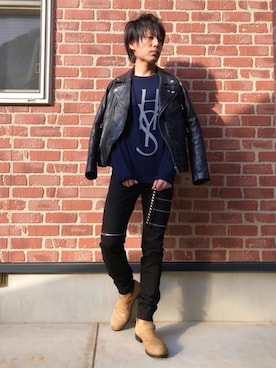 「ロゴニット」｜「アイテム（ライダースジャケット）」を使った、RYUさん（メンズ・172cm）の秋コーディネート