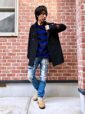 「ボーダーニット」｜「アイテム（ピーコート）」を使った、RYUさん（メンズ・172cm）の冬コーディネート