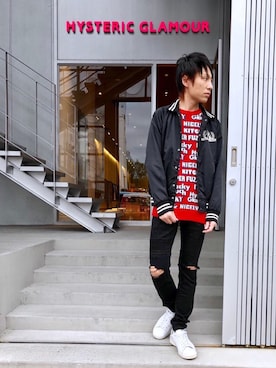 「黒スキニー」｜「アイテム（スタジャン）」を使った、RYUさん（メンズ・172cm）の秋コーディネート