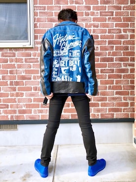「ロゴニット」｜「アイテム（ライダースジャケット）」を使った、RYUさん（メンズ・172cm）の秋コーディネート
