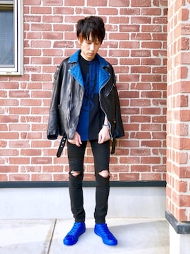 「ロゴニット」｜「アイテム（ライダースジャケット）」を使った、RYUさん（メンズ・172cm）の秋コーディネート