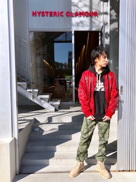 「アイテム（ミリタリージャケット、レッド系）」を使った、RYUさん（メンズ・172cm）の秋コーディネート