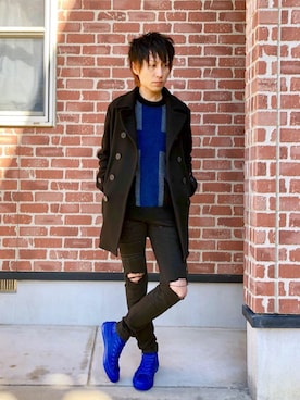 「黒スキニー」｜「アイテム（ピーコート）」を使った、RYUさん（メンズ・172cm）の秋コーディネート
