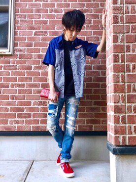 「アイテム（財布、レッド系）」を使った、RYUさん（メンズ・172cm）の春コーディネート