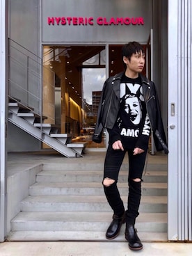 「HYSTERIC GLAMOUR（ヒステリックグラマー）のアイテム（ライダースジャケット）」を使った、RYUさん（メンズ・172cm）の冬コーディネート