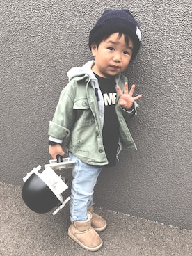 「アイテム（ニットキャップ/ビーニー、ブルー系）」を使った、＊suketaka＊さん（キッズ・80cm）の秋コーディネート