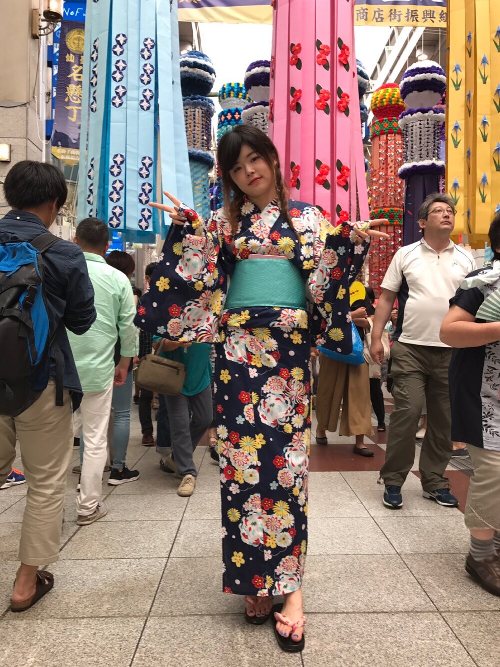 「仙台、七夕祭り、仙台七夕、浴衣、また来年」｜「no brandのアイテム（浴衣、ブルー系）」を使った、えーちゃんさん（レディース・172cm）の秋コーディネートの1枚目の写真