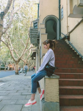 「Stussy Women（ステューシーウィメン）のアイテム（パーカー、ピンク系）」を使った、Ketsu_zさん（レディース）の秋コーディネート