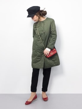 「黒パンツ」｜「アイテム（ノーカラージャケット）」を使った、..HK..さん（レディース・159cm）の冬コーディネート