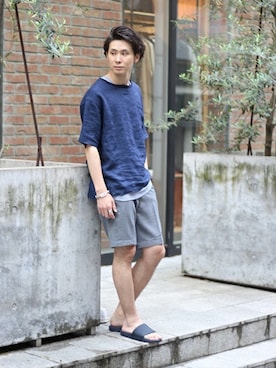 「膝上ショーツ」｜「アイテム（サンダル）」を使った、417 officialさん（メンズ・173cm）の夏コーディネート