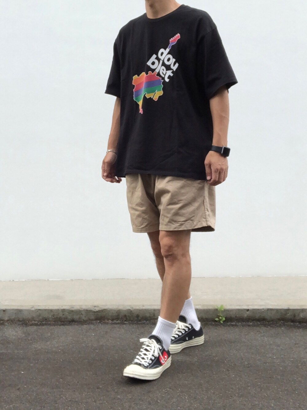 「ビッグシルエット、ビッグT、ビックシルエット、ビックT、オーバーサイズ、doublet、wism、graphpaper、PLAY comme des garcons、CT70s」｜「doubletのアイテム（Tシャツ/カットソー、ブラック系）」を使った、hellocoordinateさん（メンズ・170cm）の夏コーディネートの1枚目の写真