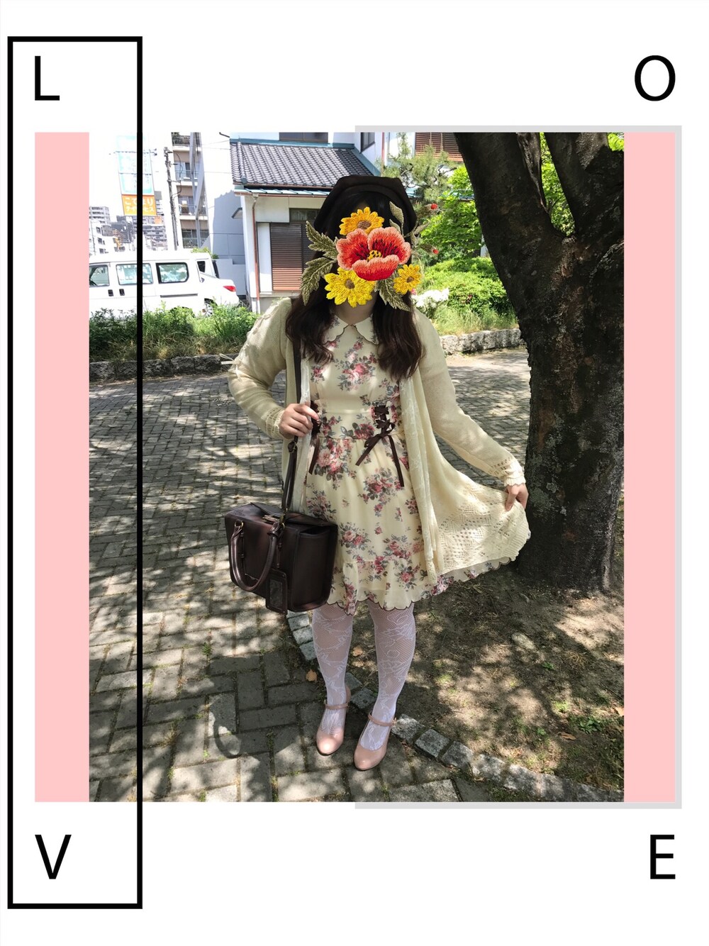 「ワンピース、ベレー帽、カーディガン、axes femme、アクシーズファム、アクシーズ、パンプス、網タイツ、axes femme POETIQUE、箱バック」｜「axes femme POETIQUEのアイテム（ワンピース、イエロー系）」を使った、teroさん（レディース・153cm）の春コーディネートの1枚目の写真