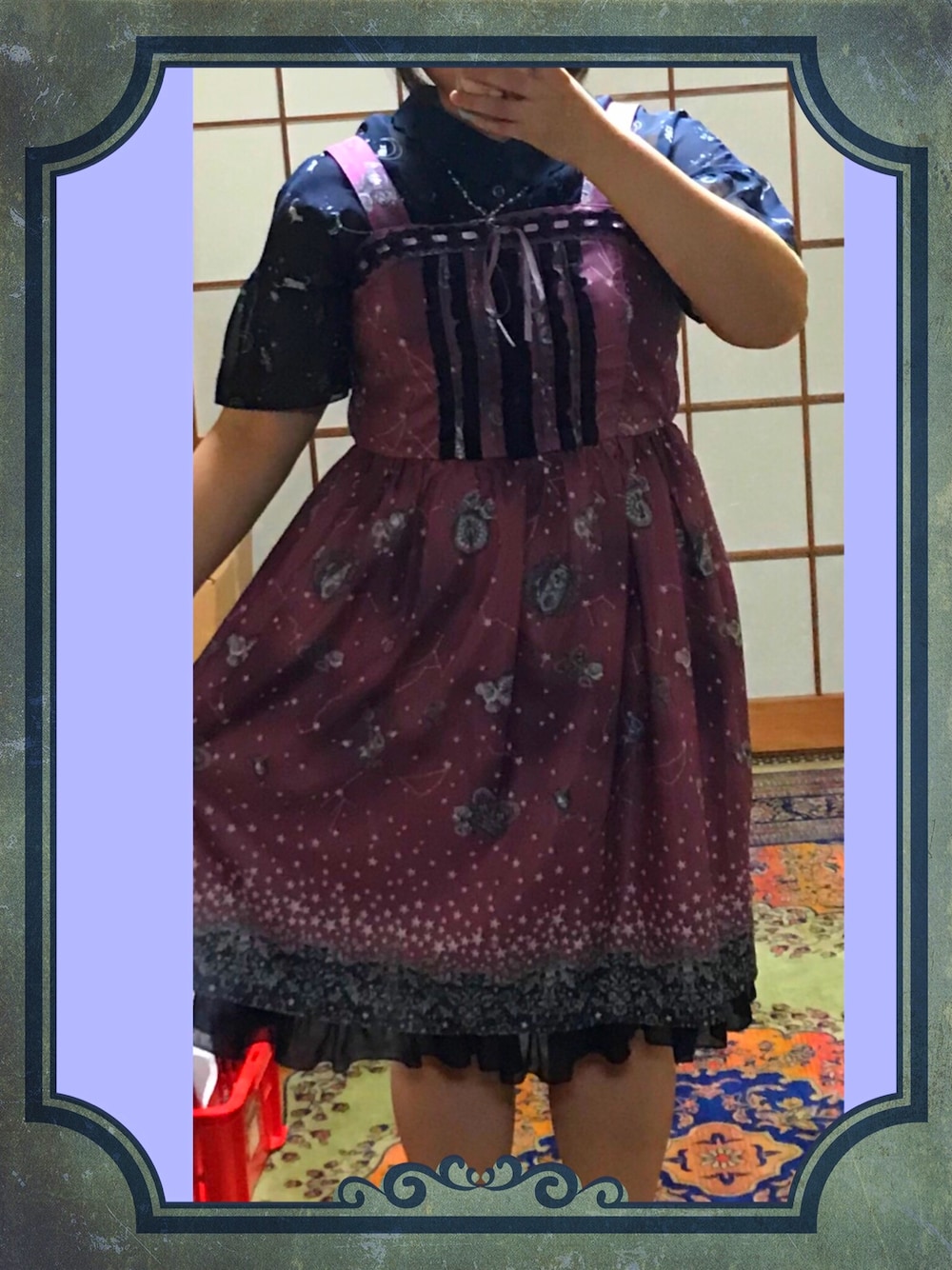 「axes femme、アクシーズファム、アクシーズ、axes femme POETIQUE、ポエティック、ブラウス、ワンピース、星座柄、ネコ、ピンク」｜「axes femmeのムーンキャットブラウス（シャツ/ブラウス、ブルー系）」を使った、teroさん（レディース・153cm）の夏コーディネートの1枚目の写真