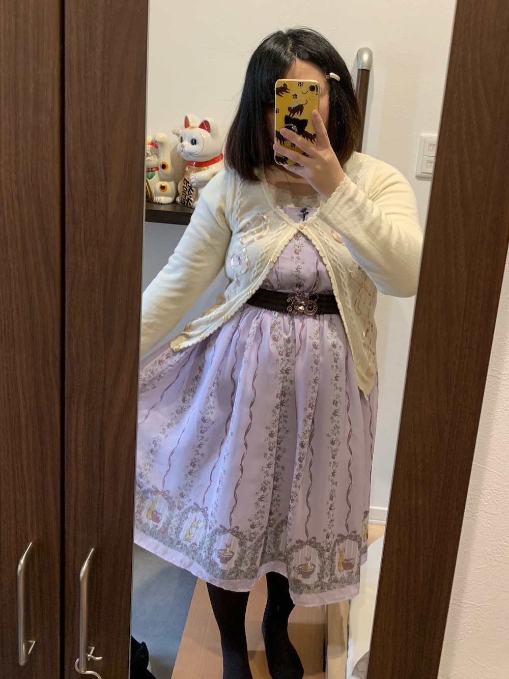 「axes femme、axes femme POETIQUE、アクシーズファム、アクシーズ、ポエティック、plainclothing、ワンピース、カーディガン、福袋コーデ、うさぎ柄」｜「PLAIN CLOTHINGのリボン×パールクリップセット（ヘアピン、ブラック系）」を使った、teroさん（レディース・153cm）の春コーディネートの1枚目の写真