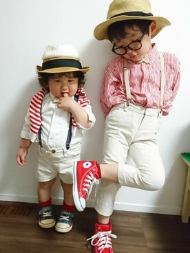 「H&M（エイチ・アンド・エム）のアイテム（シャツ/ブラウス、ホワイト系）」を使った、RR★chamuさん（キッズ・110cm）の春コーディネート