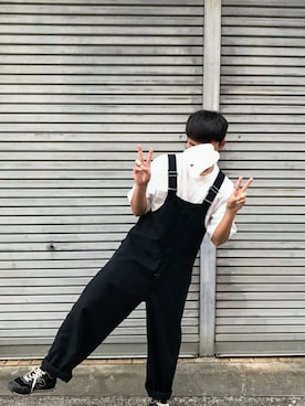 「ordinaryfitsのアイテム（サロペット/オーバーオール、ブラック系）」を使った、wawawa0125さん（メンズ・163cm）の夏コーディネート