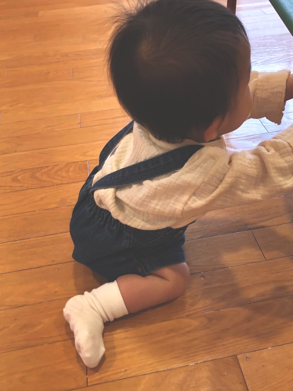 「韓国子供服、入園式、1歳、男の子、サロペット」｜「無印良品のアイテム（ソックス/靴下、ホワイト系）」を使った、ぎださん（キッズ・70cm）の春コーディネートの1枚目の写真