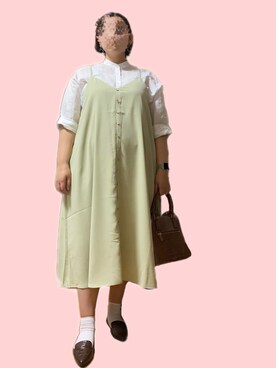 「楽天のアイテム（ハンドバッグ、ブラウン系）」を使った、ふとっちょさん（レディース・163cm）の春コーディネート