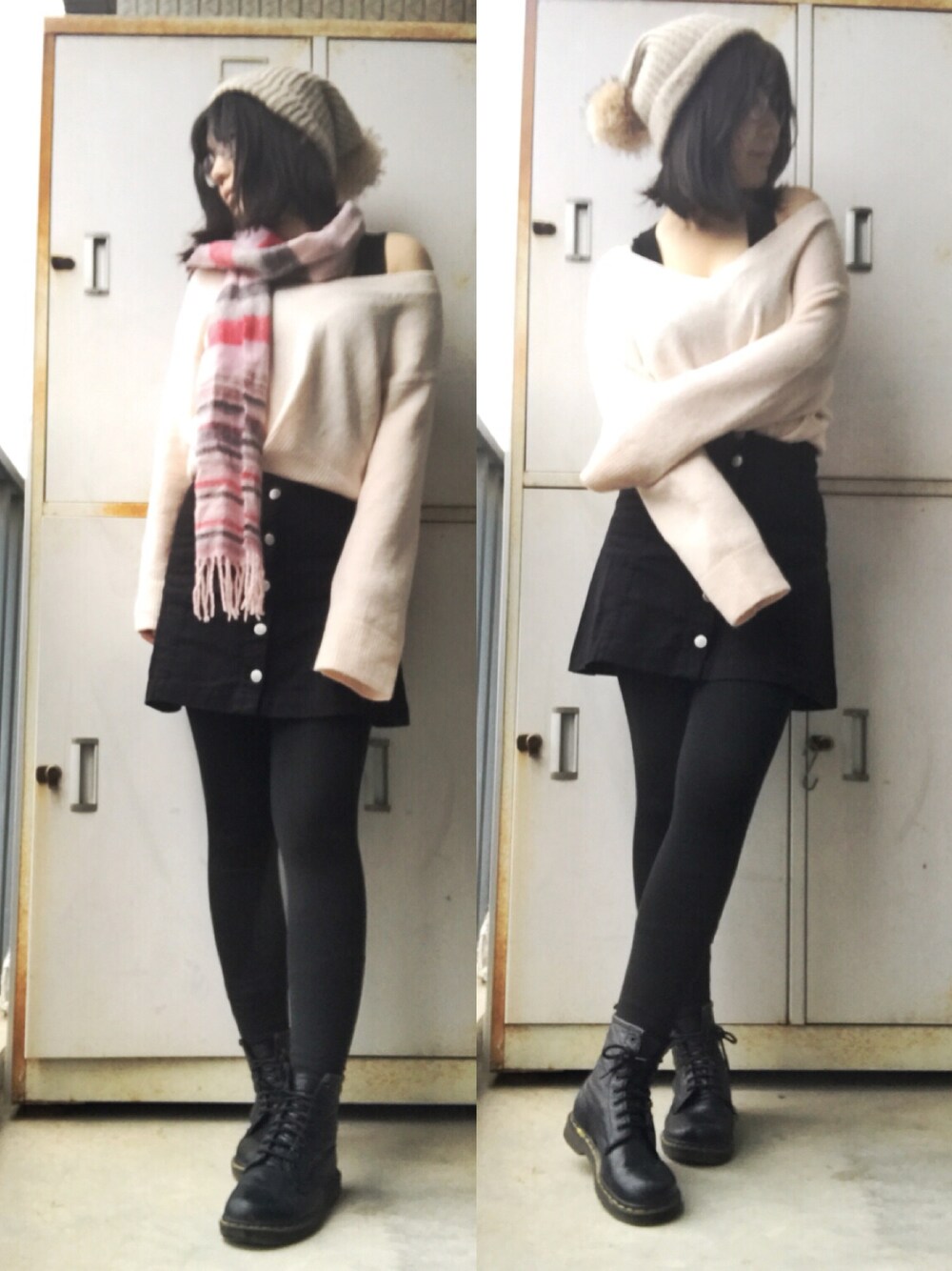 「spring、skirt、sweater、PinkAndBlack」｜「H&Mのアイテム（スカート、ブラック系）」を使った、Sfogliatellaさん（レディース・160cm）の春コーディネートの1枚目の写真
